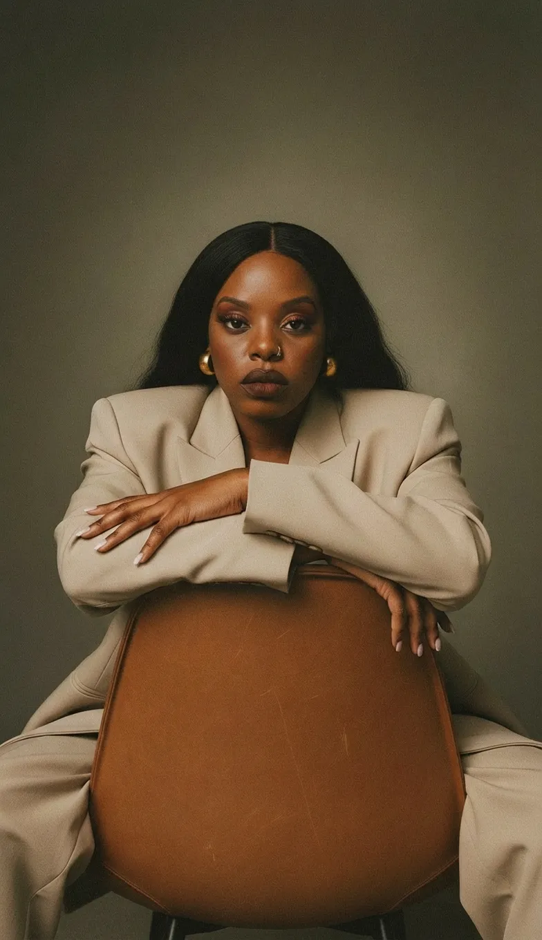 Artisha leaning over the back of a leather chair in a cream suit