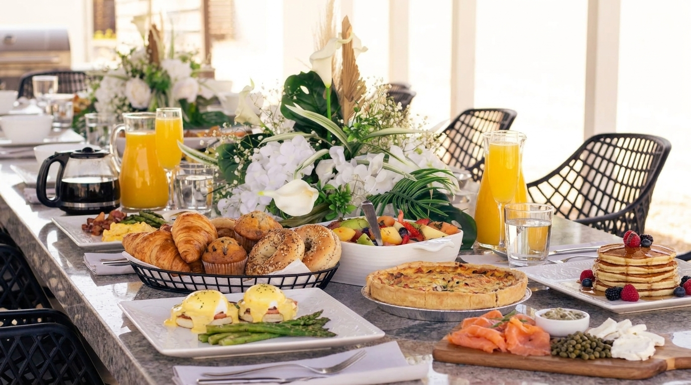 A long table spread with brunch: eggs Benedict, croissants, bagels, quiche, fresh fruit, pancakes, and orange juice in bright daylight