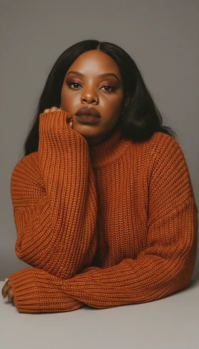 Artisha resting her chin on her hand in a rust knit sweater