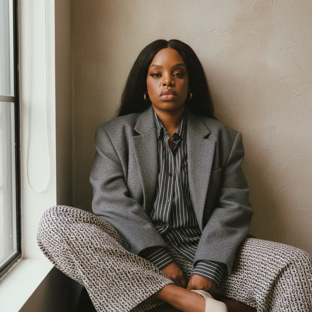 Artisha seated in a window nook in an oversized grey blazer